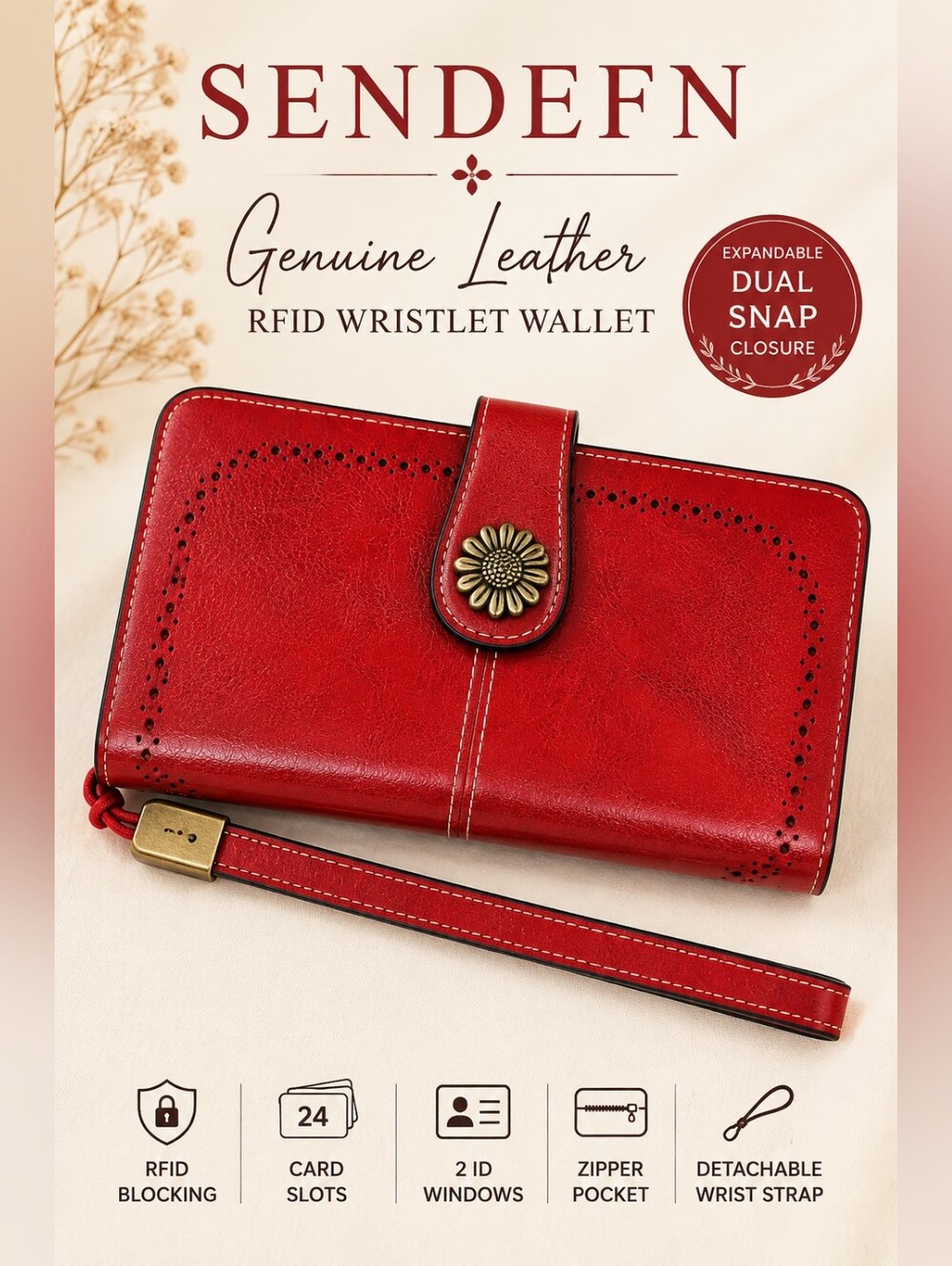 SENDEFN Red Genuine Leather RFID Wristlet Wallet Sunflower Snap